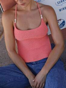 Women Crochet Knit Halter Tank Cami Tops Y2k Back Tie Up Sleeveless Camisole Crop Tops Summer Going Out Tops Vests Beach Streetwear - 珊瑚粉 - 查看 3