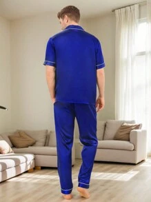 SANOPY 2 Pack Men's Casual Homewear Short Sleeve And Pants Set Ice Silk Pajama Set - 藍色 - 查看 4