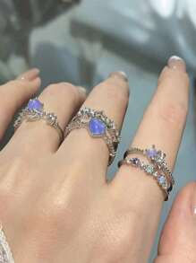 3pcs/Set Heart Cat Eye Stone Rings, Pink Double Layer Stacking Rings For Girls, Ins Style Minimalist High-End Sweet Ladylike Finger Ring Valentines