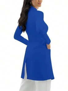 纯色前拉链双口袋实验室外套 - 藍色 - 查看 4