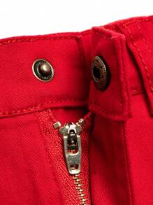 Young Boy Chino Red Pants, Fashion Embroidery Elastic Waist Simple Classic Full Zip Front Closure Casual Straight Leg Trousers - Red - View 5