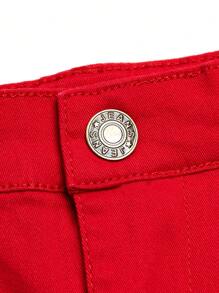 Young Boy Chino Red Pants, Fashion Embroidery Elastic Waist Simple Classic Full Zip Front Closure Casual Straight Leg Trousers - Red - View 4
