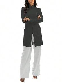 Solid Color Zip-Up With Dual Pockets Lab Coat - Grey - View 6