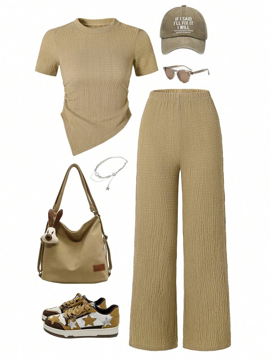 Top asimétrico de punto informal para ir y venir emparejado con pantalones rectos para niñas preadolescentes - Caqui - Ver 1