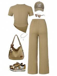 Top asimétrico de punto informal para ir y venir emparejado con pantalones rectos para niñas preadolescentes - Caqui - Ver 2