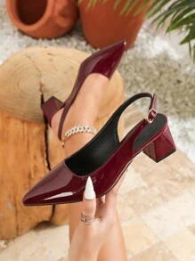 2025秋冬新款尖头黑色鞋，系带高跟鞋，粗跟包头凉鞋，时尚露跟，优雅厚底鞋 - 酒紅色 - 查看 1