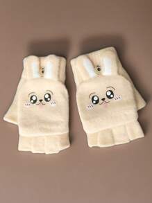 1 Pair Children's Warm Cute Cartoon Crystal Velvet Fingerless Flip-Top Gloves With Rabbit Design, For Autumn/Winter - Gloves - View 13