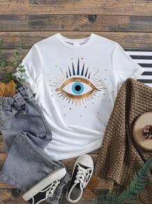 Girls Eye Print Round Neck Short Sleeve Casual T-Shirt