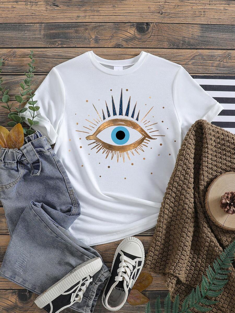 Girls Eye Print Round Neck Short Sleeve Casual T-Shirt