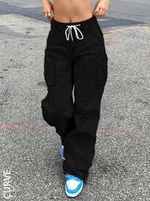 Plus Size Women's Pocketed Loose Straight Leg Jeans - Black - View 1