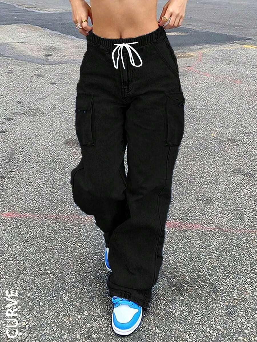 Plus Size Women's Pocketed Loose Straight Leg Jeans - Black - View 1