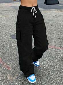 Plus Size Women's Pocketed Loose Straight Leg Jeans - Black - View 7