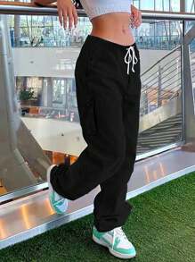 Plus Size Women's Pocketed Loose Straight Leg Jeans - Black - View 8