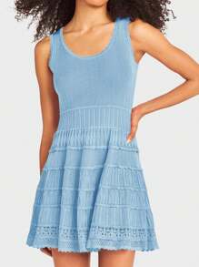 Women's Casual Crewneck Summer Mini Dress Knitted Crochet Hem Flowy Tank Sundress