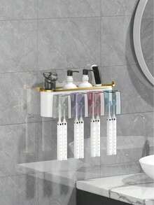1 Set Toothbrush Holder With 2/3/4 Toothbrush Cups And Toothpaste Dispenser, Creative Wall-Mounted Bathroom Storage Rack, Convenient For Brushing Teeth And Storing Items. Wall-Mounted Bathroom Storage Rack, Toothbrush Holder, Toothpaste Dispenser - Multicolor - View 9