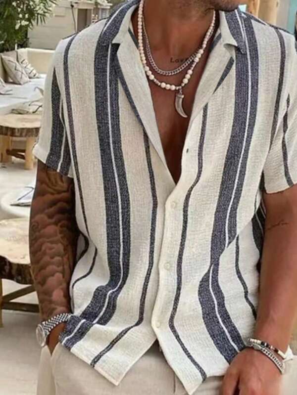 2025 Men Spring/Summer Casual Holiday Striped Button-Down Short Sleeve Shirt