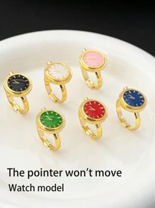 1pc 18K Gold Plated Copper Faux Watch Model Ring, High Quality Elegant Niche Fashion Design Enamel Coated Ring, Time Stopped At 13:14, Mother's Day Gift (Hands Do Not Move)