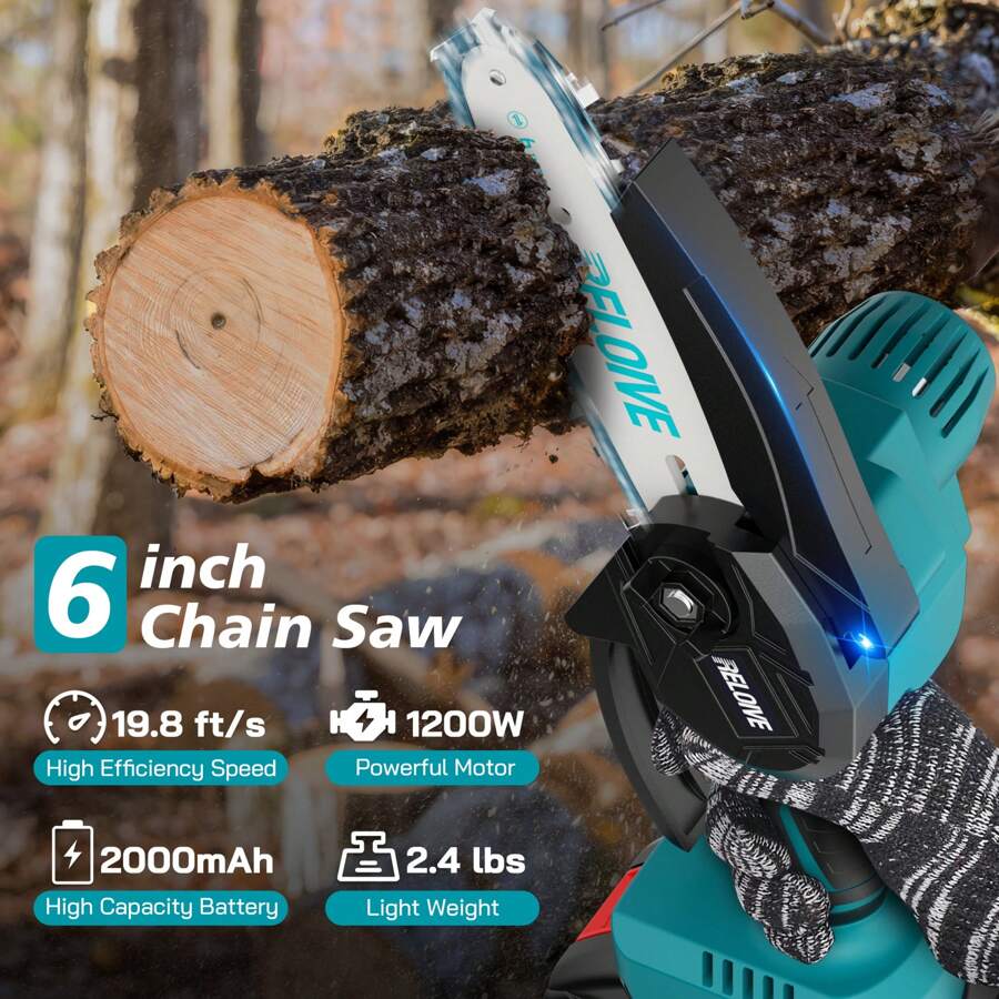 RELOIVE 6" Mini Chainsaw, Cordless Chain Saw With 2PCS 21V 2000mAh Batteries&4 Chains,Electric Chainsaw Small Handheld Power Chain Saw For Wood Cutting Tree Trimming Pruning - Blue - View 1