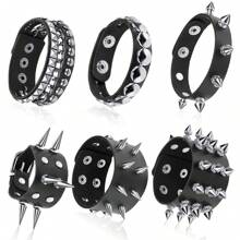 Xiacheng 1/6/9 Pieces Spiked Studded Bracelet Black Leather Rivet Punk Bracelet Cuff Wrap Bangle Snap Button Metal Wristband For Men Women - Black - View 23