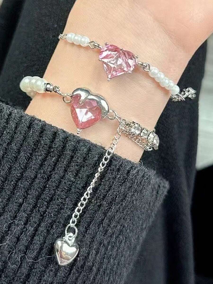 2pcs Inlaid Square Zirconia Rhinestone Chain Bracelet For Women Pink Pearl Heart Bracelets Bangles Wristband Valentine's Day Jewelry Gift For Girl