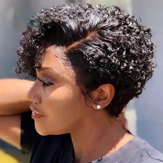 150% Density 13x4x1 T Part Lace Short Pixie Cut Curly Wave Wig Remy Human Hair Wig