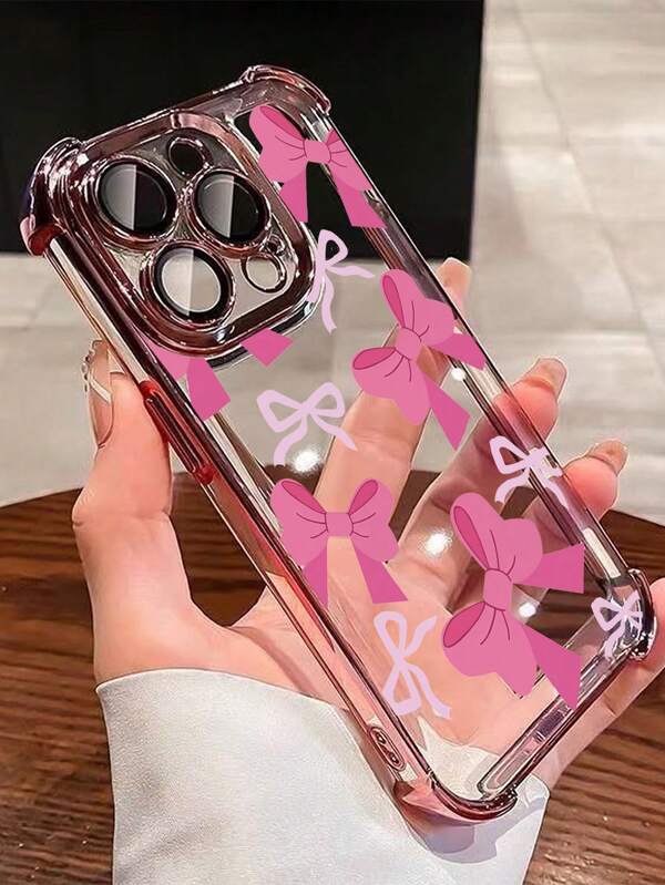 1pc New Pink Bow Knot Plated Air Cushion Anti-Fall/Thick Transparent TPU Protective Case Compatible With Iphone/16prmax/16pro/16/13promax/12promax11, 15PROMAX, 14PROMAX/Galaxy, SAM/Honor/Note13pro/S23 Ultra/S24 Ultra