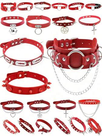 1pc Punk Gothic Rivet Red Choker Sexy Necklace, Suitable For Women's Daily Party Wear, Christmas Party, Creative Birthday, Valentine's Day, Carnival Gift