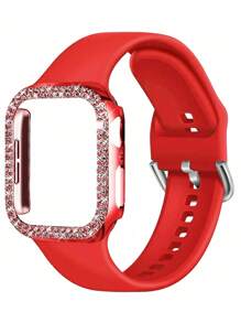 2pcs/Set Red Soft Comfortable Silicone Watch Band With Shining Rhinestone Decor & Hollow Watch Case, Compatible With Apple Watch Strap 38/40/41/42/44/45/46/49mm, For Apple Watch Series Ultra/SE/11/10/9/8/7/6/5/4/3/2/1, Smartwatch Accessories