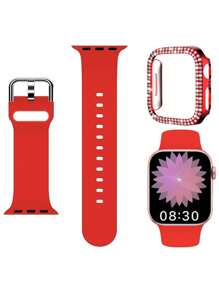2pcs/Set Red Soft Comfortable Silicone Watch Band With Shining Rhinestone Decor & Hollow Watch Case, Compatible With Apple Watch Strap 38/40/41/42/44/45/46/49mm, For Apple Watch Series Ultra/SE/11/10/9/8/7/6/5/4/3/2/1, Smartwatch Accessories