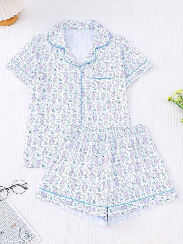 2pcs Monkey Print Shirt & Shorts Pajama Set For Women, Collared Button-Up Top And Elastic Waist Shorts Outfit, Suitable For Lounging, Outdoor, Home, Parties, All Season,Two Piece Set