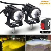 Heyword 2pcs White + Yellow Motorcycle LED Headlight Mini Driving Lamp Fog Light 12V/24V Universal Dual-Color Projector Lens With Switch, Fit For ATV Scooter Auxiliary Spotlight Motorcycle Accessories