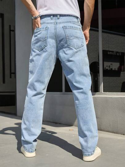 1pc Men's Fashionable Embroidered Casual Denim Jeans, For Daily Casual Wear