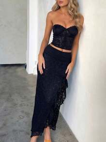 Women Y2K Maxi Skirt Set Strapless Bodycon Lace Tube Top And Splits Skirt 2 Piece Outfits Summer Going Out Party Clubwear Streetwear Aesthetic Clothes - 黑色 - 查看 1