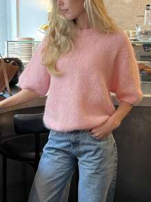 Women's Spring Autumn Knit Sweaters Half Sleeve O Neck Solid Color Casual Knitwear - Pink - View 2