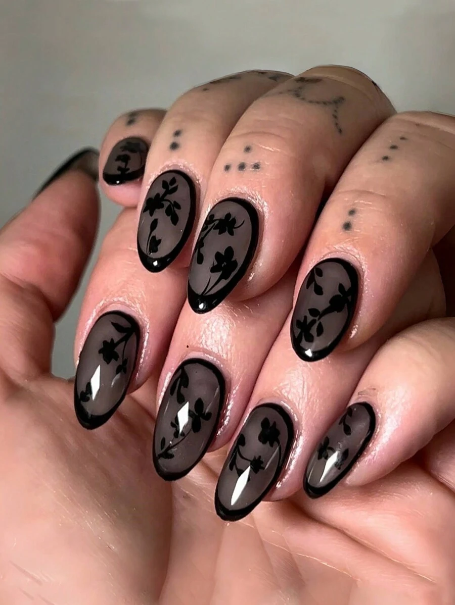 24 piezas - Pegatinas de uñas en forma de almendra de rosa negra con borde negro, con relieve, para otoño e invierno - Uñas negras, adecuadas para que mujeres y niñas creen sus propios diseños de uñas. Producto de cuidado de uñas, para realzar tu sentido de la moda. Decoración de uñas.