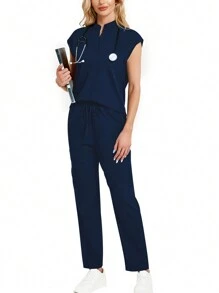 2pcs Solid Color Notched Neck Top And Pants Uniform Set Scrub Set