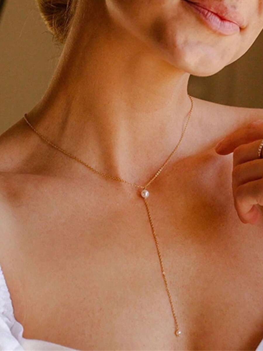 S925 纯银长链多层毛衣项链 14K 镀金 Y 形珍珠/吊坠套索项链 女士时尚黄金首饰 - Y型珍珠 - 查看 1