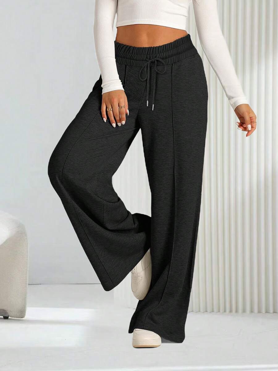 Women's Drawstring Stretch Low-Rise Jogging Sweatpants Casual Oversized Wide Leg Pants With Pockets - 黑色 - 查看 1