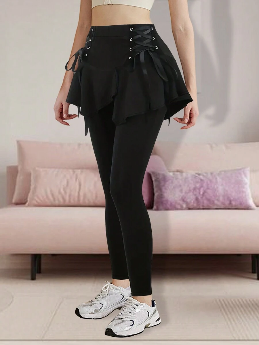 Plus Size Women's Asymmetrical Hem Black Skirt With Waist Drawstring, Suitable For Pairing With Leggings And Pants, Mother's Day Gift