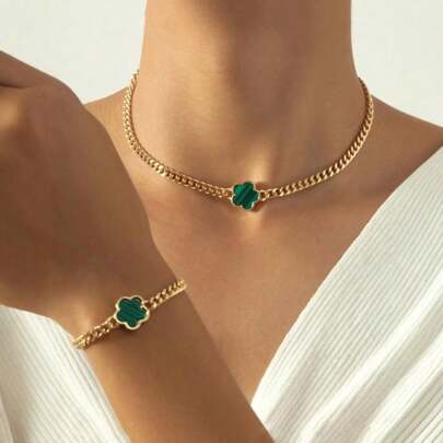 2 件套幸运五叶草设计合金首饰套装时尚女士礼物，疗愈水晶手链，用于精神能量疗愈