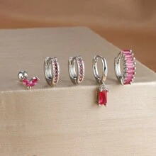 Conjunto de 5 piezas de pendientes con aro en cascada con colgante cuadrado enchapado en oro de 18K, para mujer. Incluye pendientes de cartílago con cubic zirconia rosa, de cobre y acero inoxidable