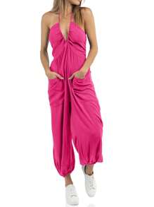 Women's Casual Halter Jumpsuit With Deep V Neck Jogger Long Pants For Beach Or Everyday Wear - Màu Hồng Tươi - Xem 5