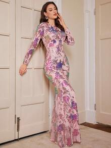 Đầm nữ tay dài thời trang cổ tròn lấp lánh thanh lịch cao cấp, phù hợp cho tiệc tối, tiệc chiêu đãi, đám cưới, váy dự tiệc, váy dự tiệc cưới, váy trang trọng, váy dạ hội - Hồng - Xem 4