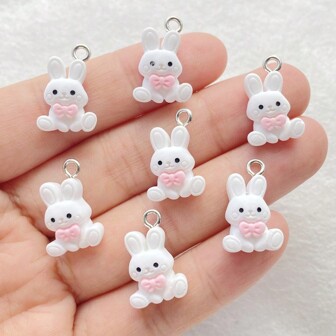 12/20pcs Resin Cute Mini White Cartoon Bow Rabbit Handmade Pendants For Earrings, Necklaces, Bracelets, Keychains And Bag Accessories, Creative Gifts For DIY Crafts