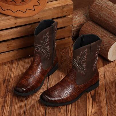 Western Cowboy Boots For Men, Brown Crocodile Pattern Square Toe With Side Zipper Mid-Calf Boots