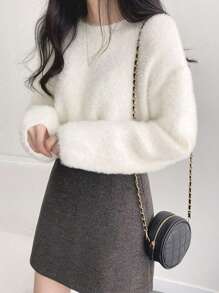 Soft & Fluffy Knit Sweater For Women, Short Style Long Sleeve Knitwear Top, Gentle Vibe, Autumn/Winter - Beige - View 2