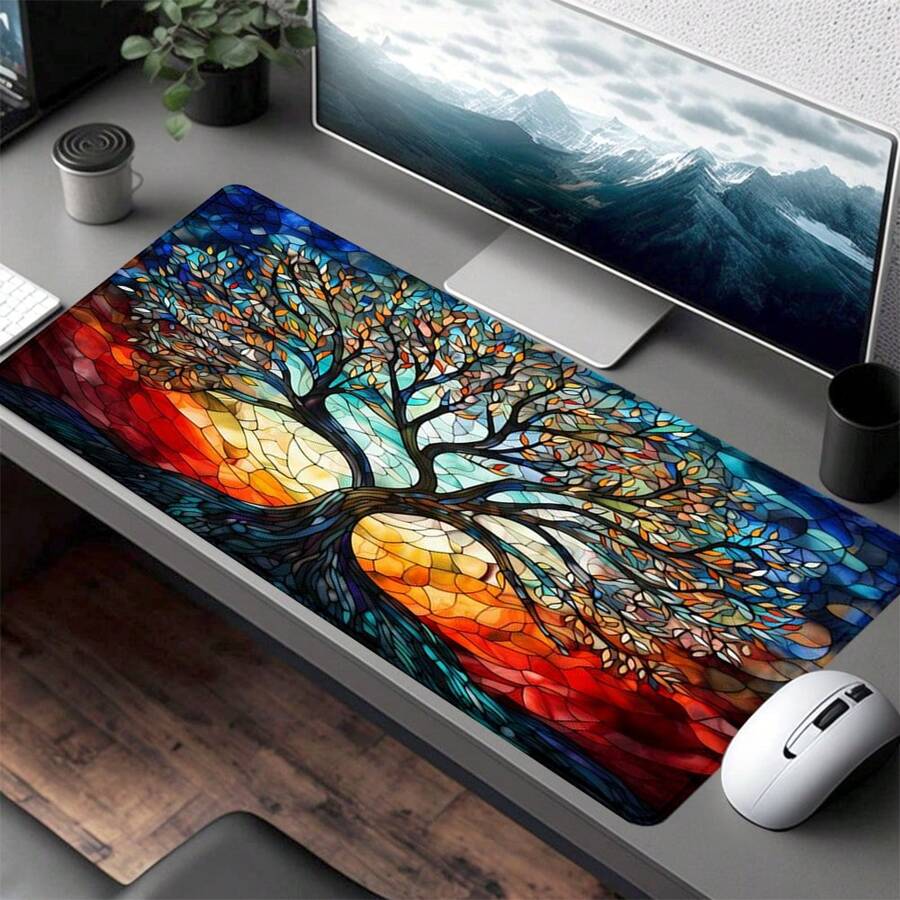 1pc Four Season Tree Desk Pad Dark Colorful Design Large Mouse Pad 35.4x15.7 Inch Desk Accessories Rubber Base Mousepad Stitched Edge Non-Slip Keyboard Pad For Office Home Computer As Gifts For Men Women Friends,Back To School,Halloween