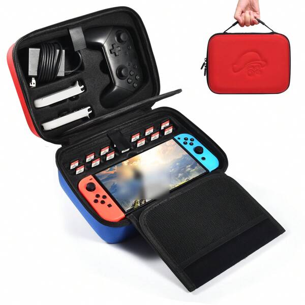hellodigi Estuche de transporte compatible con Switch/Switch OLED, diseño de soporte innovador con múltiples ranuras para tarjetas, gran capacidad, estuche de viaje compatible con consola Switch, controlador Pro y accesorios, almacenamiento de accesorios de juego, regalo festivo