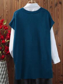 Pull surdimensionné pour femmes, pull décontracté et confortable à col en V sans manches, tricot - Bleu marine - Voir 3