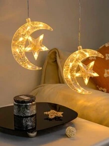1pc 10-Head Star & Moon Decor Atmosphere Festival Light With Suction Cup, 3-Section Battery-Operated Five-Pointed Star String Light